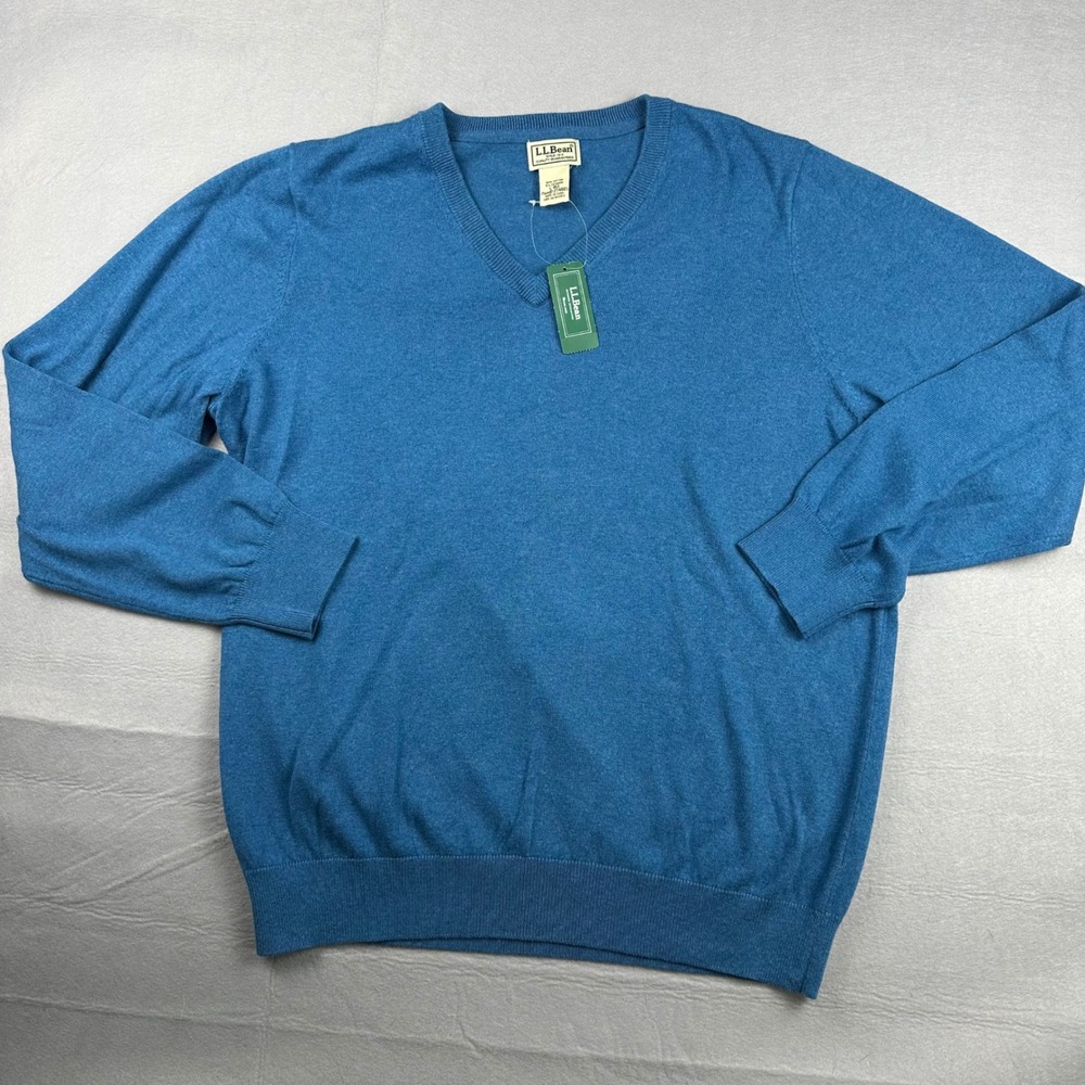 L.L. Bean Mens V-Neck Sweater Bottle Blue Cotton Cashmere Large 274603 NEW